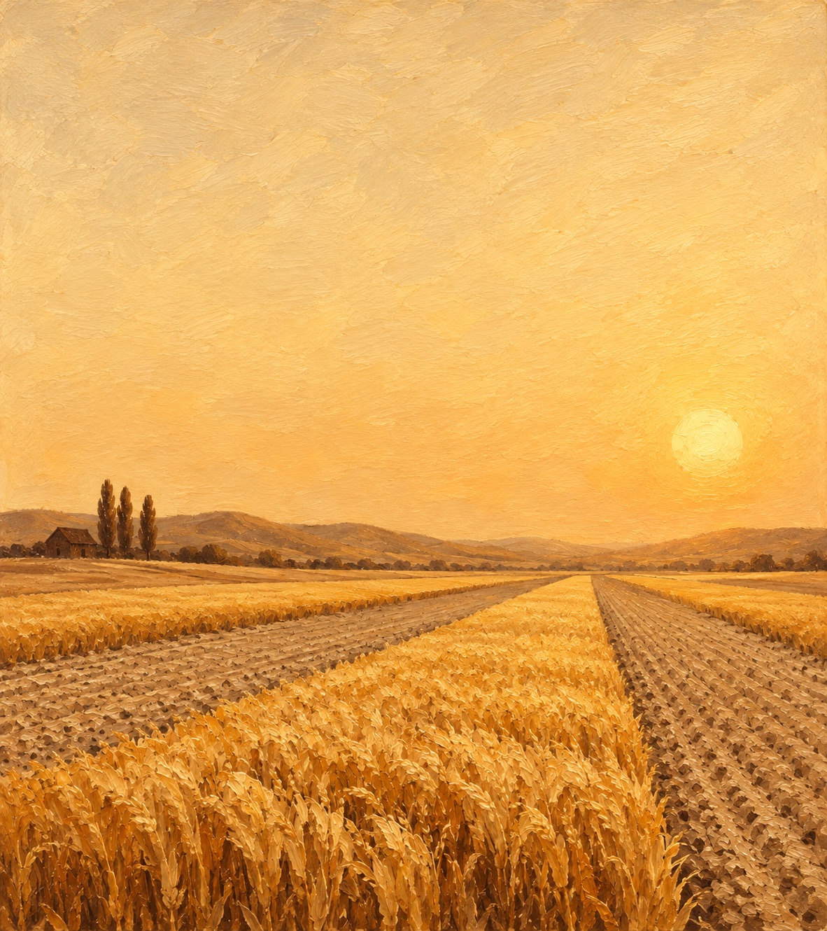 Oil painting of strip fields at sunset. Ripe wheat grows beside strips of bare, resting earth, with a barn and three poplars on the horizon.
