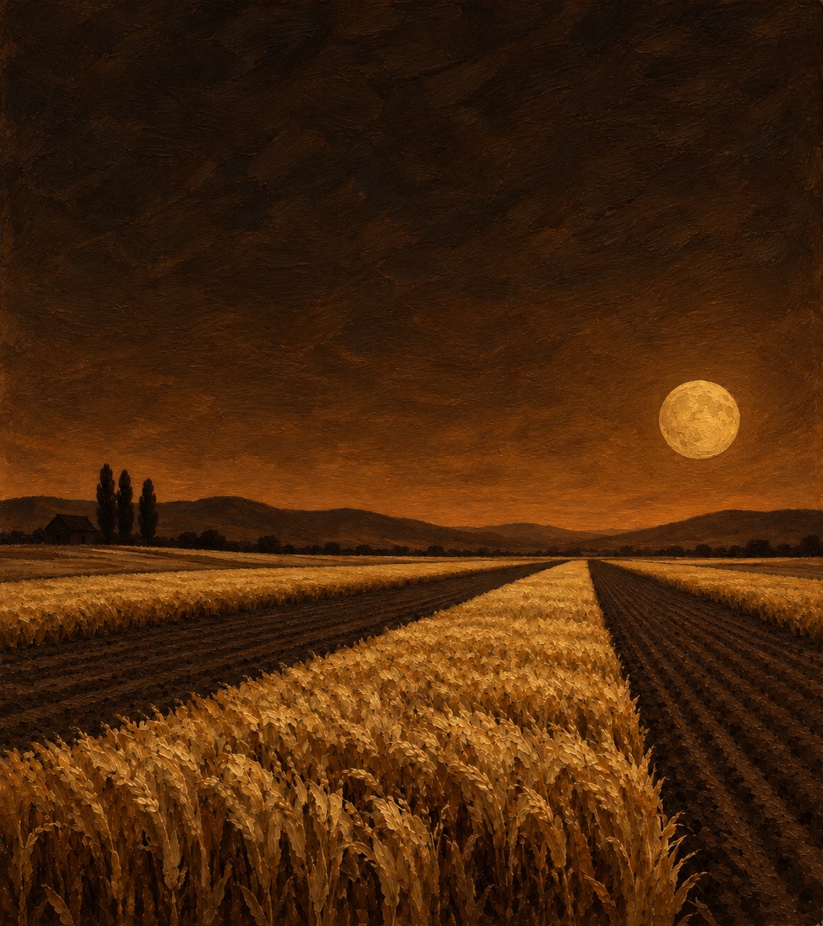 The same fields under a harvest moon. Wheat glows beside strips of dark, resting earth.